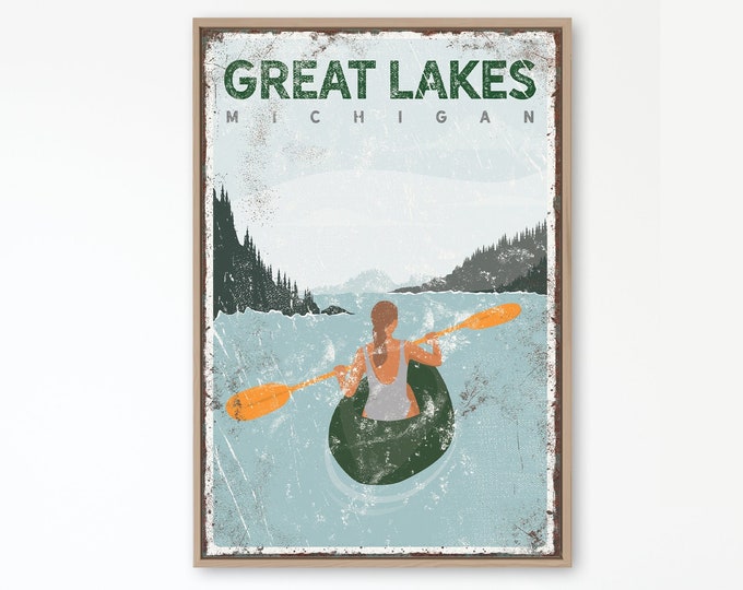 GREAT LAKES poster • forest green kayak sign for custom lake house decor, vintage kayaking gift for her, personalized Michigan art {vpl}