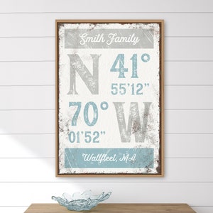 coastal tide blue and gray wall art > custom latitude longitude sign, GPS COORDINATES, last name wall art, beach house decor {grw}