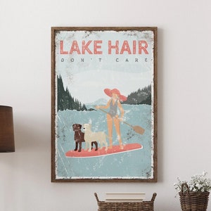 coral LAKE HAIR sign > personalized paddleboarding poster, vintage lake house decor, labrador mom gift, for her, custom lake life art {vpl}