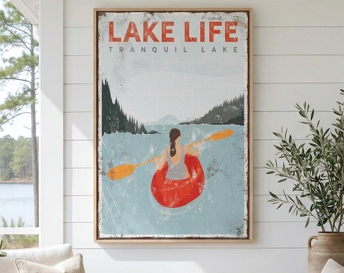 Kayak Lake Art, Red Kayak Lake Life Sign, Kayak Lovers Tranquil Lake Gift