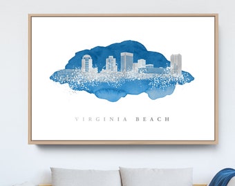 VIRGINIA BEACH SKYLINE sign > faux metallic silver and blue watercolor art print with custom skyline, large framed canvas wall decor