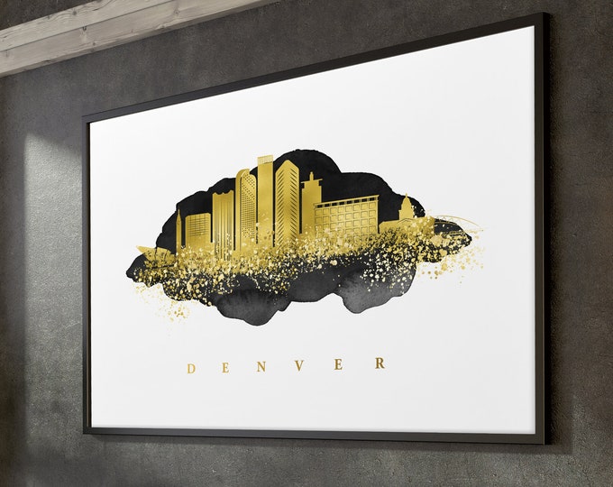 DENVER SKYLINE sign > faux metallic gold and black watercolor wall art, custom large framed canvas art print for home wall decor