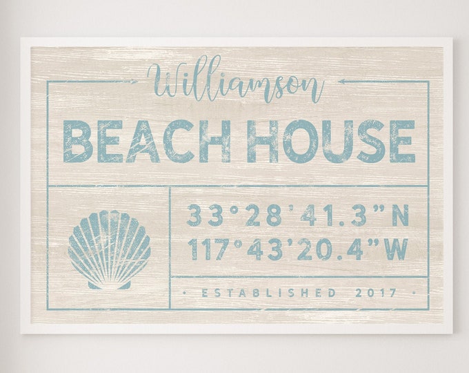 antique BEACH HOUSE canvas > custom house coordinates sign with seashell art, personalized family name print for beachhouse decor {gdo}