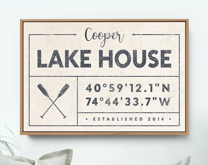 vintage LAKE HOUSE sign, nautical last name canvas for lakehouse, custom GPS location coordinates, rustic farmhouse boho wall art {gdo}