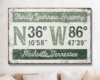 green COORDINATES sign > custom vintage brewery canvas, longitude latitude GPS art print, farmhouse bar name wall art {grw}