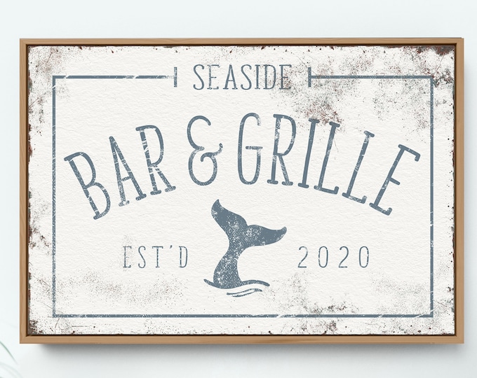 personalized BAR & GRILLE sign > vintage blue and white art print for farmhouse decor, large framed canvas with whale icon, boho wall art