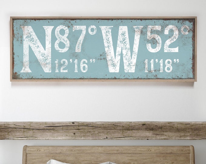 Tide and White Vintage Typography Wall Art Print, Tide Blue GPS Coordinates Sign for Porch or Lanai, Large Canvas for Modern Farmhouse {gsb}