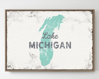 extra large LAKE MICHIGAN sign > seafoam green lake wall art for lake house decor, personalized nautical canvas print for rental {lsw}