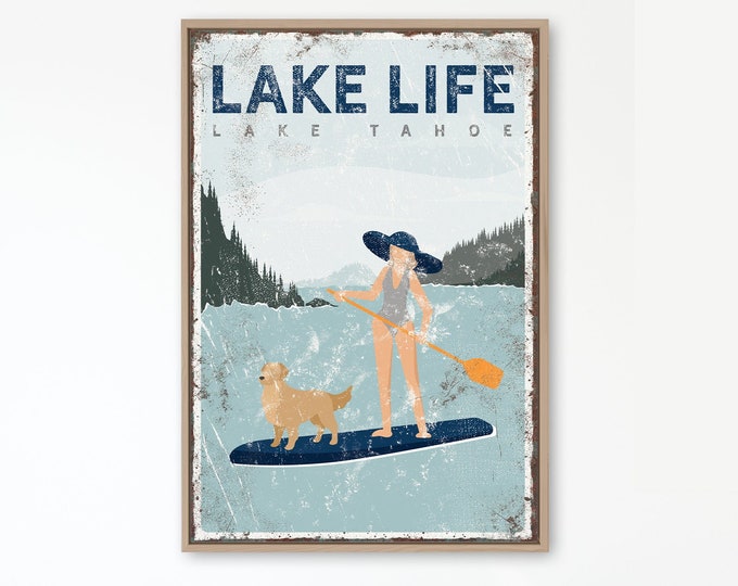 navy LAKE LIFE sign with personalized dog > paddleboarding with golden retriever poster for vintage lake house decor, SUP paddle board {vpl}