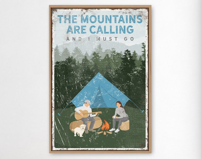 personalized vintage CAMPING POSTER with dogs, couple camping by the fire with Maltipoo, custom text, Mountains are Calling in sample {vpt}