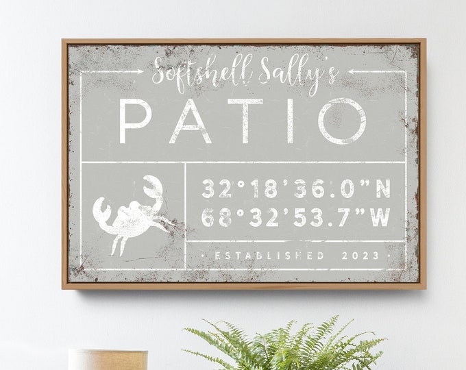 custom COORDINATES SIGN, patio sign with crab icon, nautical home decor, restaurant wall decor, personalized last name canvas print {gdo}