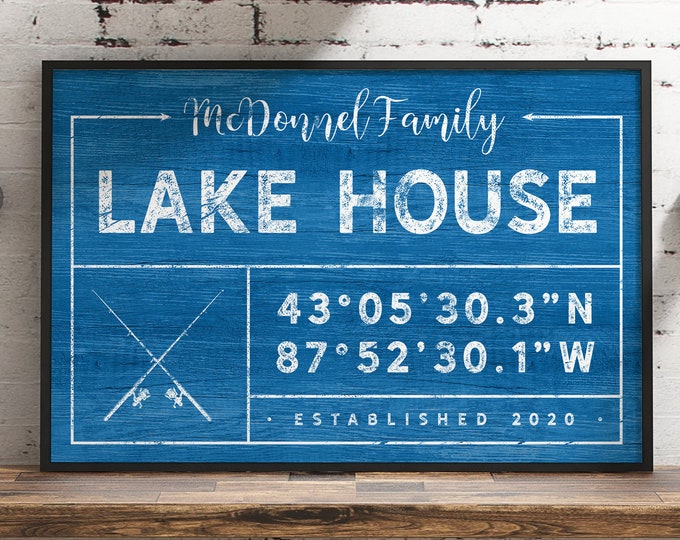 royal blue LAKE HOUSE sign > custom fishing rod art, personalized family name canvas for lakehouse decor, vintage fishing poster {gdo}