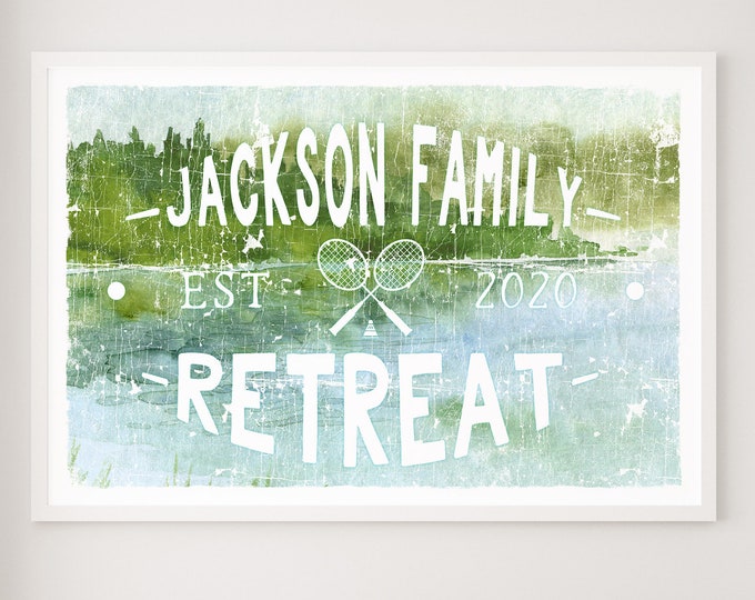 family RETREAT sign > personalized last name canvas for rustic lake house decor, vintage badminton canvas print, watercolor lake wall art