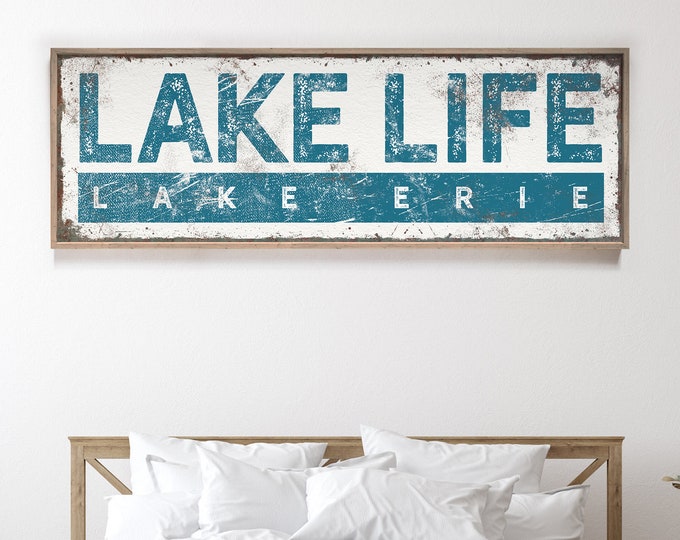 vintage Lake Erie sign • personalized LAKE LIFE canvas • teal lake house decor • custom lake gift for Mom