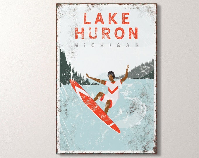 vintage LAKE HURON sign > personalized surfing wall art for nautical lake house decor, distressed surf board poster print {VPLSMDDR}