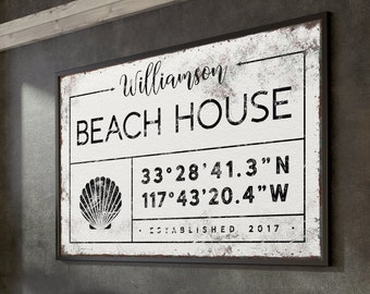 vintage BEACH HOUSE sign &gt; custom lattitude longitude coordinates, family name and year established, canvas print for beachhouse decor {gdw}