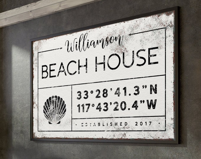 vintage BEACH HOUSE sign > custom lattitude longitude coordinates, family name and year established, canvas print for beachhouse decor {gdw}