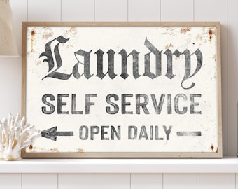 vintage LAUNDRY sign > self service arrow wall art • faux rusty white farmhouse decor canvas • antique black & white housewarming gift {asw}