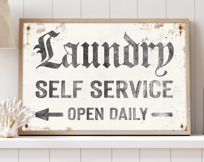 vintage LAUNDRY sign > self service arrow wall art • faux rusty white farmhouse decor canvas • antique black & white housewarming gift {asw}