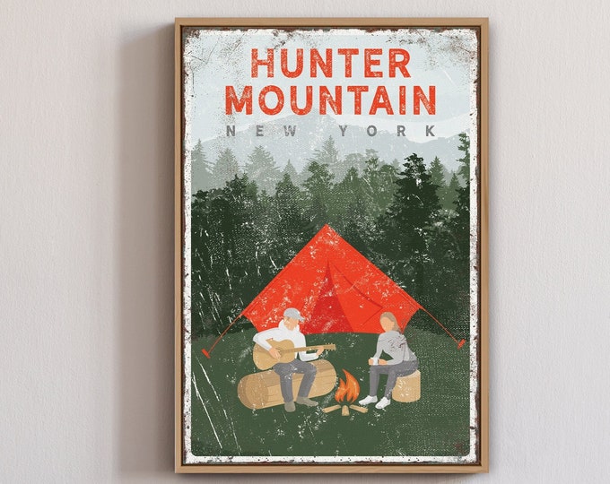 personalized vintage CAMPING poster, HUNTER MOUNTAIN camping sign, tent and campfire, couple camping by the fire, custom text {vpt}