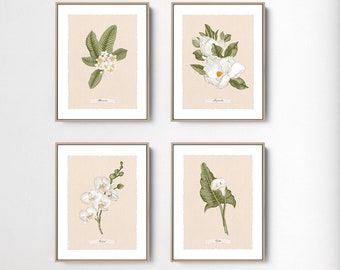 tropical wall art canvas • botanical print set of 4 white flowers (plumeria, magnolia, orchid, calla) • neutral boho art • beach house decor