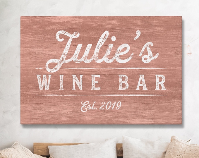 personalized WINE BAR sign > Coral pink custom name canvas • Modern farmhouse wall decor • Rustic faux wood sign • Year established print