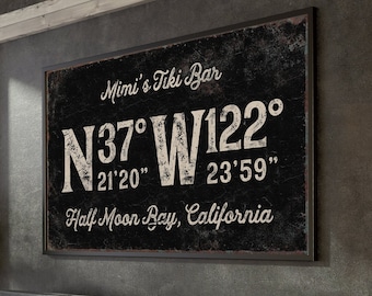 Coordinates Bar Sign - Custom Tiki Art with Rustic White Frame