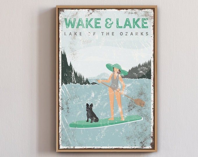 paddleboard WAKE & LAKE sign with black frenchie • personalized dog • SUP Paddleboard and French Bulldog • mint green lake house decor {vpl}