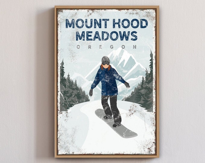 custom snowboard poster > extra large canvas wall art, personalized gift, woman snowboarding, navy blue Oregon lodge sign (Mount Hood) {vpw}