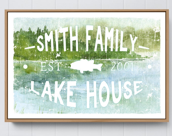 watercolor LAKEHOUSE sign > custom last name canvas for personalized lake house decor, vintage fishing art print canvas with bass fish