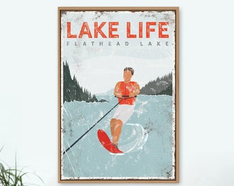 red LAKE LIFE sign > personalized water skiing poster for vintage lake house decor, slalom water ski gift for him, Flathead Lake art {vpl}