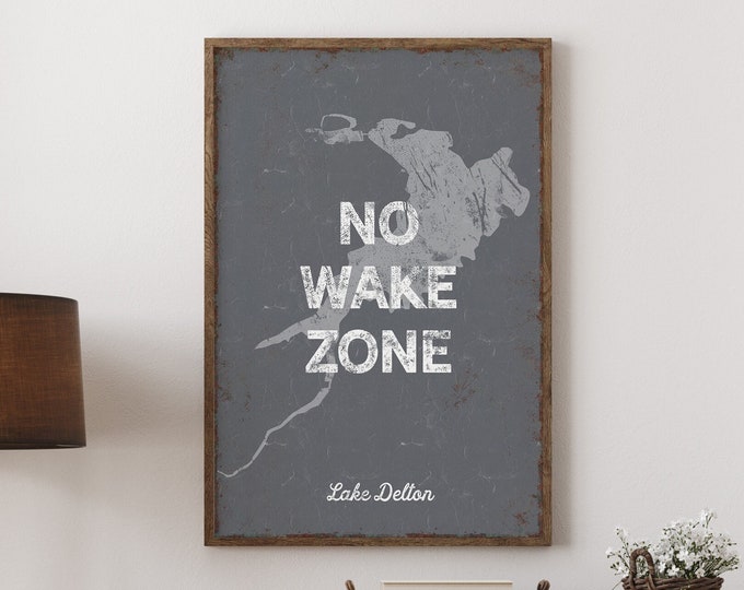NO WAKE ZONE lake sign, vintage Lake Delton canvas print in Dark Gray, personalized lake house sign, realtor gift idea, Wisconsin Lake Art