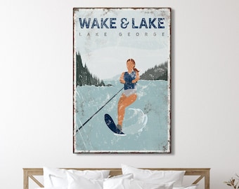 vintage WAKE & LAKE sign > personalized water skiing poster for lake house decor, slalom water ski gift for her, navy vintage lake art {vpl}