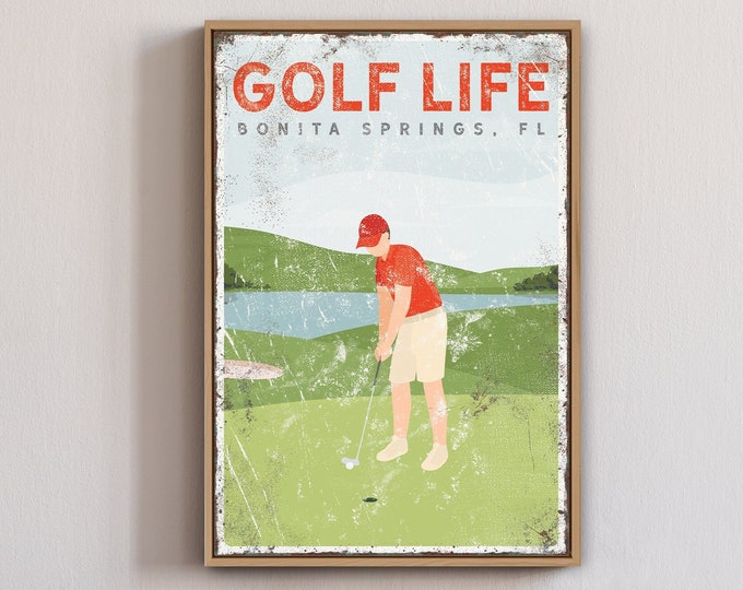 Custom golf sign for dad, GOLF LIFE canvas, Personalized golf gift for grandpa, Vintage golf course art, Bonita Springs Golf Art {vpg}