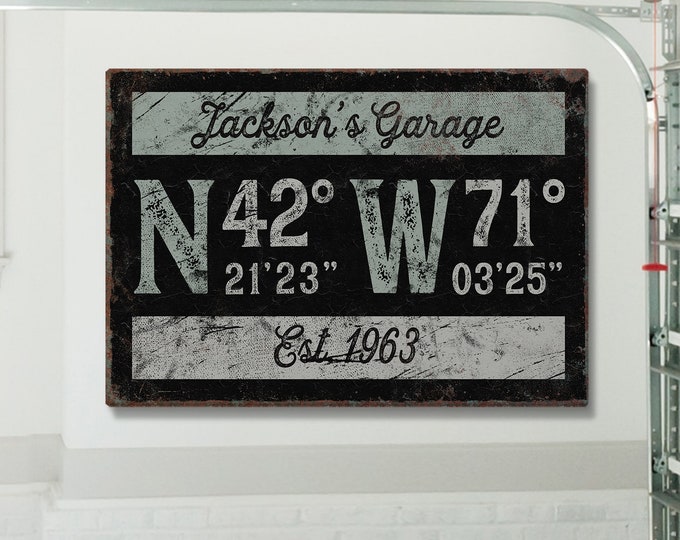 vintage GARAGE sign > personalized gift for dad with GPS coordinates, distressed black canvas art print with lattitude longitude {grb}
