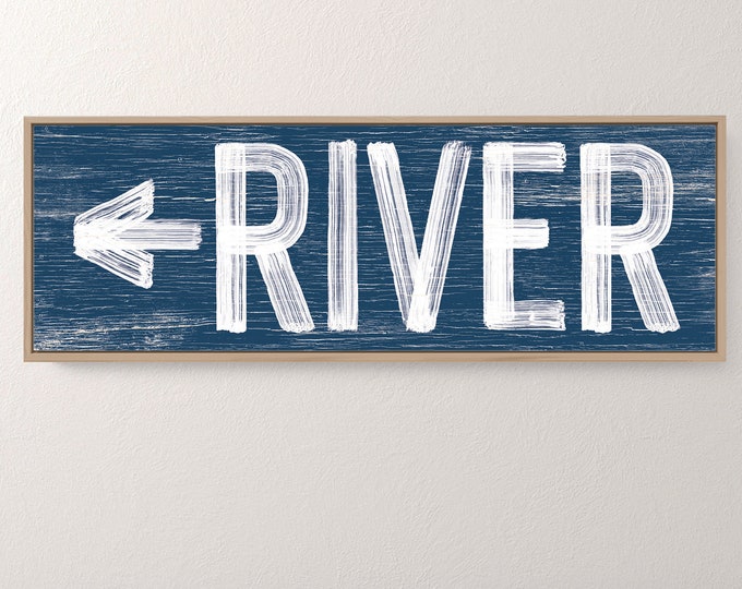 Navy RIVER sign with arrow > faux weathered wood print on canvas, white and navy coastal decor, vintage nautical river house art {pwo}