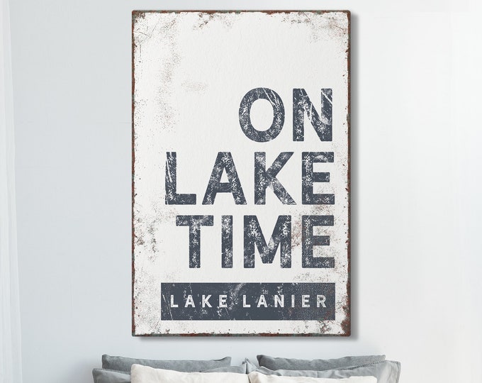 hale navy "ON LAKE TIME" sign > vintage Lake Lanier wall art for nautical lakehouse decor, xl framed canvas, blue lake house sign {brw}