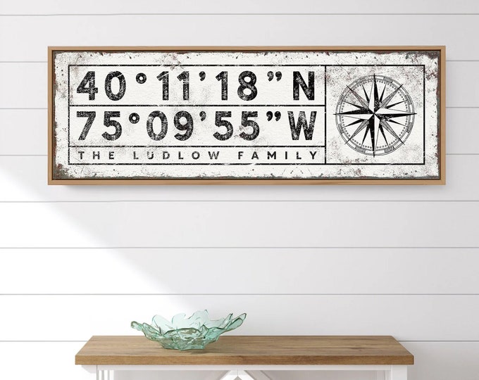 custom COORDINATES sign > large canvas print with latitude & longitude, personalized GPS location compass rose art for farmhouse decor {sgw}