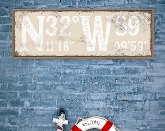 Antique and White Vintage Typography Wall Art Print, Custom GPS Coordinates Sign for Porch or Lanai, Large Canvas for Modern Farmhouse {gsb}