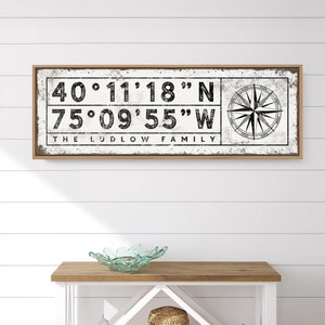 custom COORDINATES sign > large canvas print with latitude & longitude, personalized GPS location compass rose art for farmhouse decor {sgw}