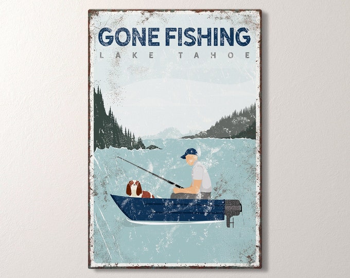 personalized boating sign • navy boat, fishing with with dog • cavalier king charles spaniel owner gift idea • Lake Tahoe decor {vpl}