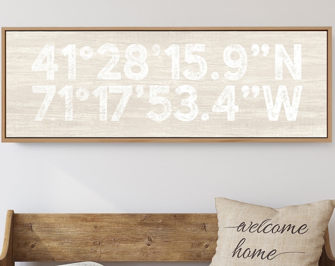 Off White GPS COORDINATES Sign > Custom latitude + longitude sign, Distressed farmhouse print, Antique ivory canvas wall art print {s}