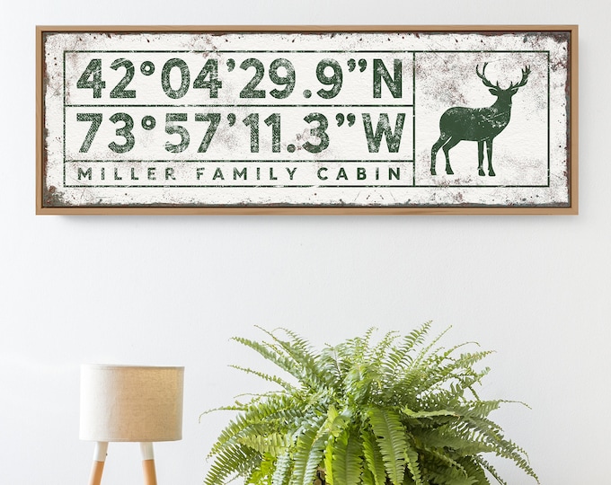 cabin COORDINATES sign with deer > personalized country lodge decor wall art, forest green canvas art print with custom GPS location {sgw}