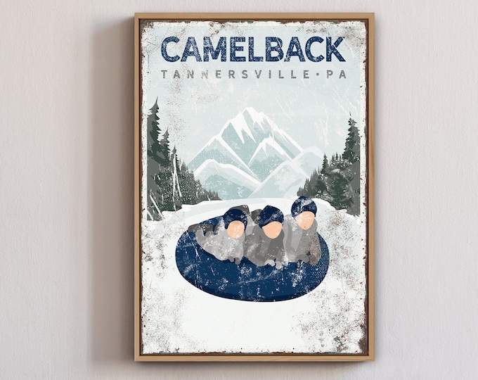 Personalized FAMILY SNOW TUBING Poster, for Ski House Decor, Vintage Winter Wall Print in Navy Blue Accent, Camelback Poconos Wall Art {vph}