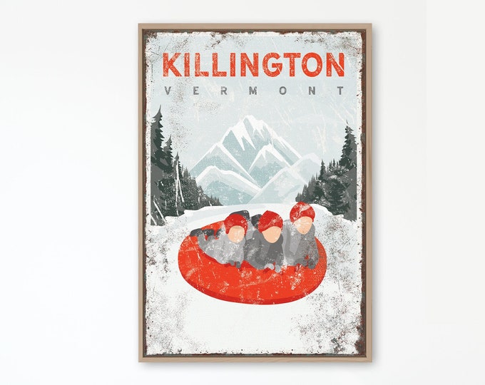 Vintage KILLINGTON VERMONT Ski Poster in Red Accent, Personalized Family Snow Tubing Sign, Farmhouse Winter Decor, Retro Ski Prints {vph}