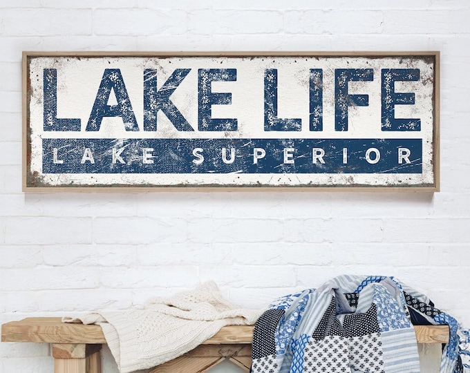 nautical LAKE LIFE sign • navy blue lake house wall art print • personalized gift for Father's Day • vintage lake house decor canvas