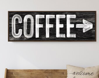 Black COFFEE sign with arrow > modern farmhouse coffee bar decor, vintage black with white lettering on faux weathered wood print {pwb}