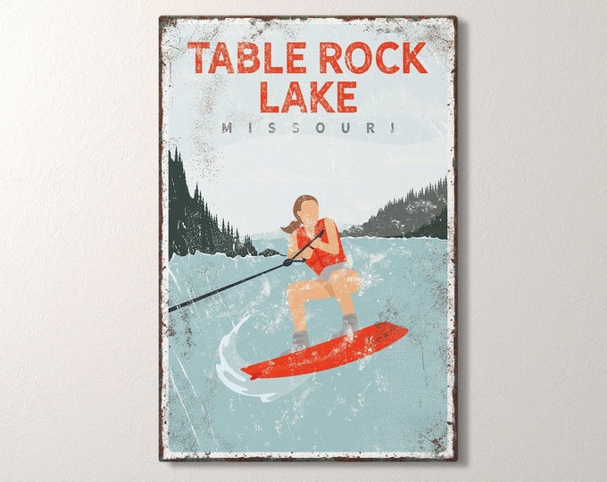 retro LAKE HOUSE decor canvas > personalized wakeboarding gift for her, vintage red wakeboard poster, outdoorsy lake house wall art {vpl}