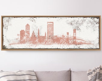 JACKSONVILLE SKYLINE sign > coral pink skyline wall art for modern beach house decor, extra large art print, custom framed canvas