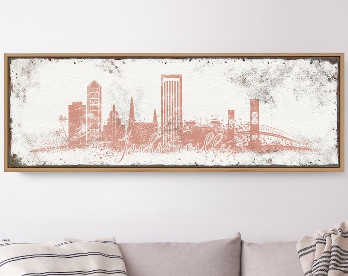 JACKSONVILLE SKYLINE sign > coral pink skyline wall art for modern beach house decor, extra large art print, custom framed canvas